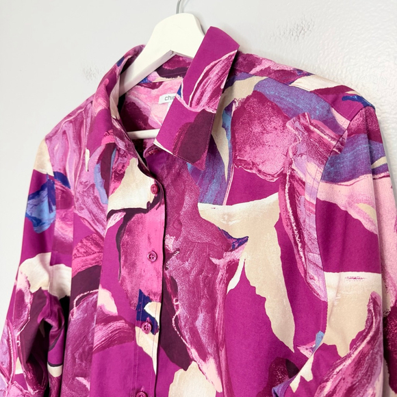 Chico's No Iron Button-up Shirt Bundle Purple Floral Paint Stripe Print Size 14 - Picture 8 of 15